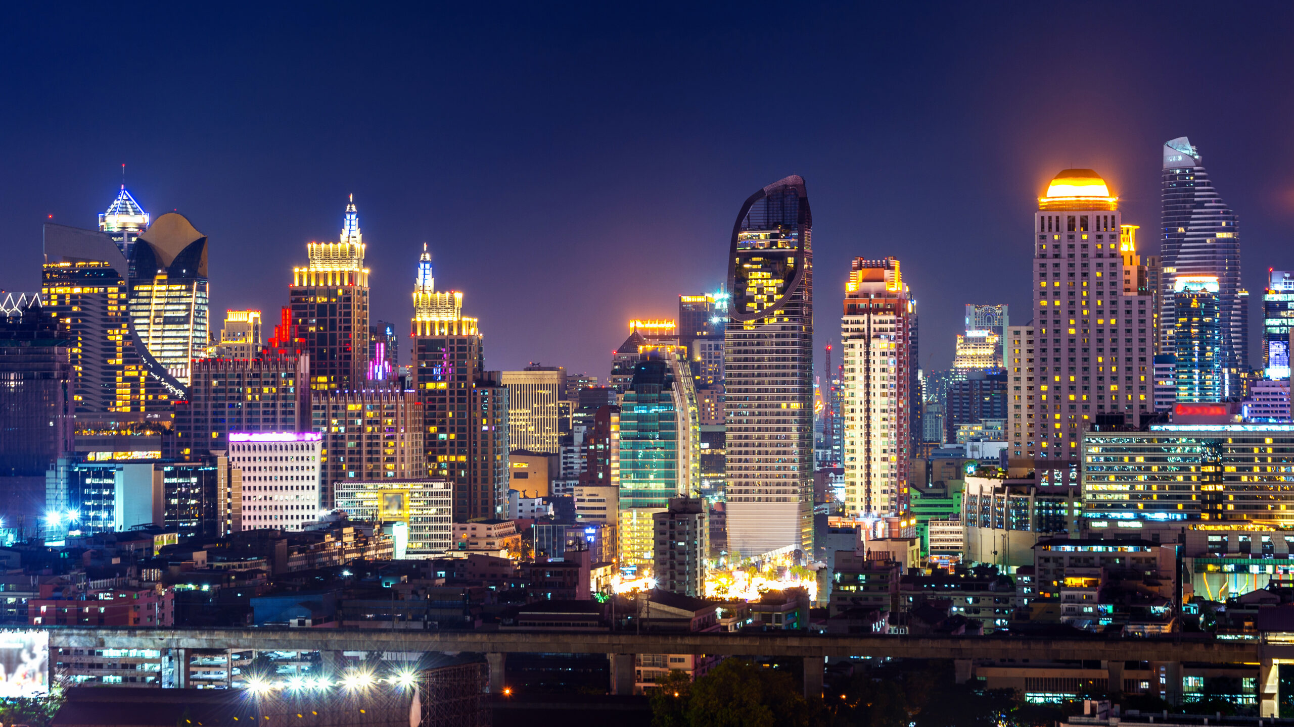 Cityscape at night in Bangkok, Thailand.